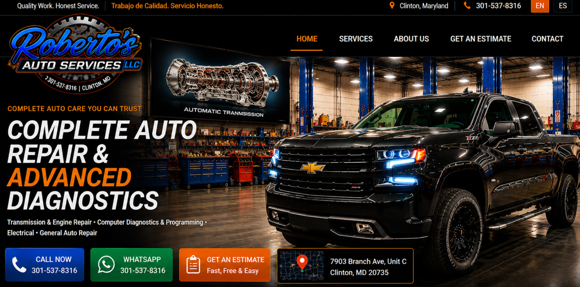 Roberto's Auto Services: complete auto repair and advanced diagnostics in Clinton, Maryland. Black pickup truck at the workshop.